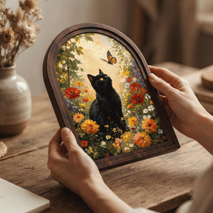 Black Cat Wildflower Wall Art in Arched Wood Frame, Monarch Butterfly Garden Painting, Cottagecore Botanical Decor, Nature Lover Gift - Image 4