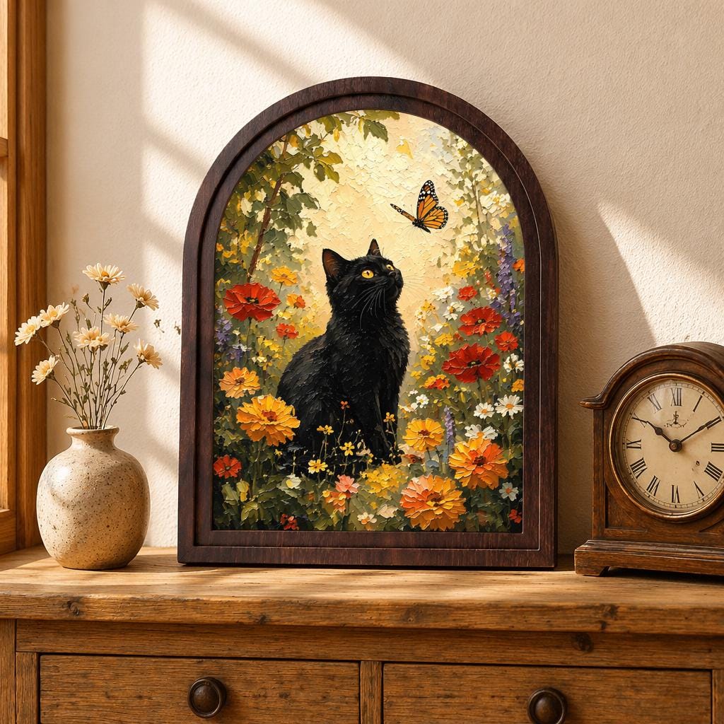 Black Cat Wildflower Wall Art in Arched Wood Frame, Monarch Butterfly Garden Painting, Cottagecore Botanical Decor, Nature Lover Gift - Image 2