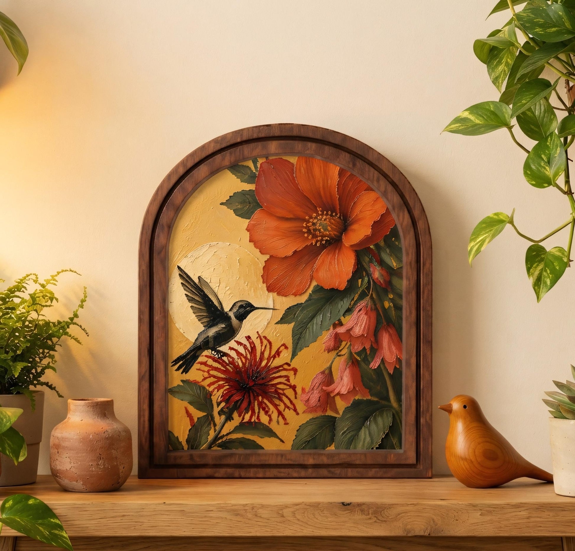 Vibrant Hummingbird & Hibiscus Wall Art, Tropical Floral Bird Painting in Arched Wood Frame, Botanical Nature Decor, Bird Lover Gift - Image 1
