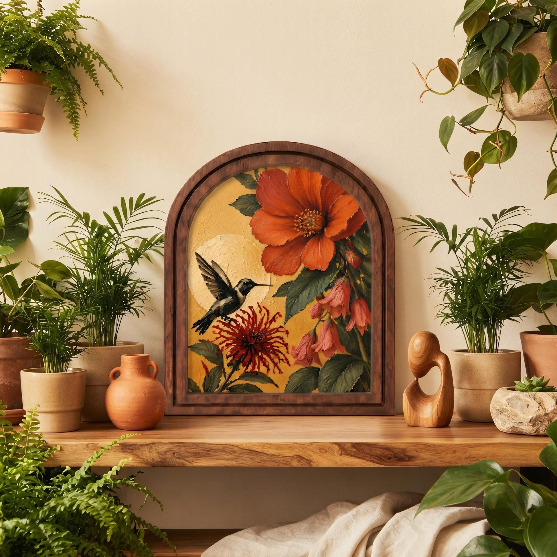 Vibrant Hummingbird & Hibiscus Wall Art, Tropical Floral Bird Painting in Arched Wood Frame, Botanical Nature Decor, Bird Lover Gift - Image 4
