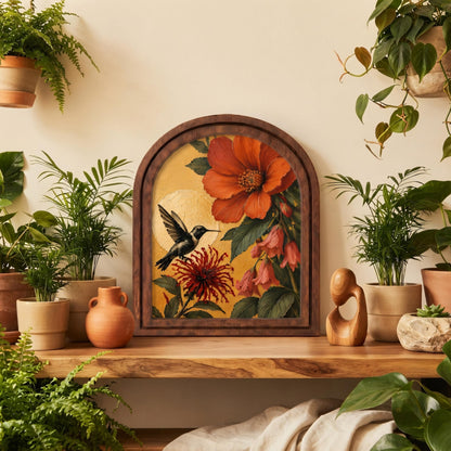 Vibrant Hummingbird & Hibiscus Wall Art, Tropical Floral Bird Painting in Arched Wood Frame, Botanical Nature Decor, Bird Lover Gift - Image 4