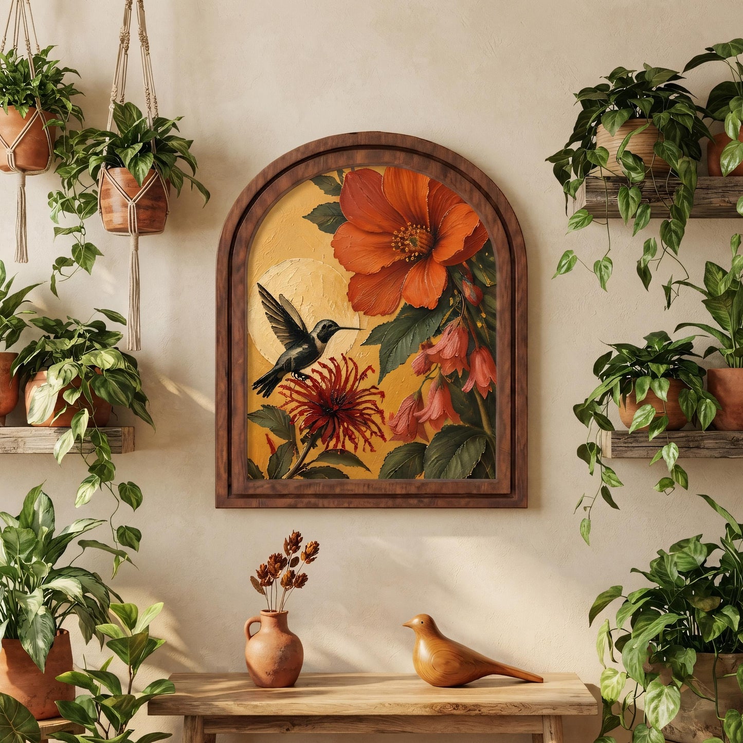 Vibrant Hummingbird & Hibiscus Wall Art, Tropical Floral Bird Painting in Arched Wood Frame, Botanical Nature Decor, Bird Lover Gift - Image 3