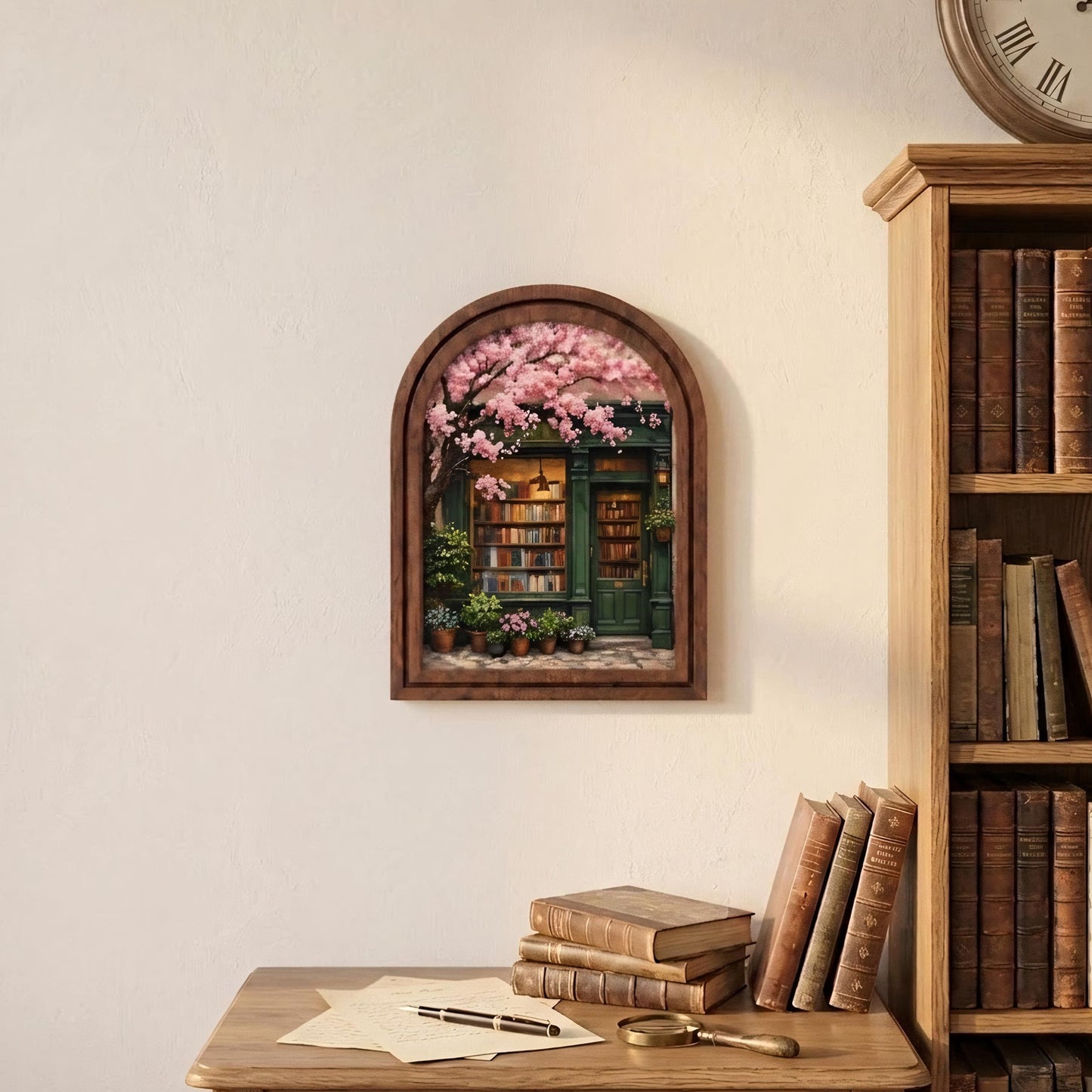 Charming Bookstore Under Cherry Blossoms Wall Art, Cozy Literary Shop Painting in Arched Wood Frame, Book Lover Decor, Reader Gift - Image 6