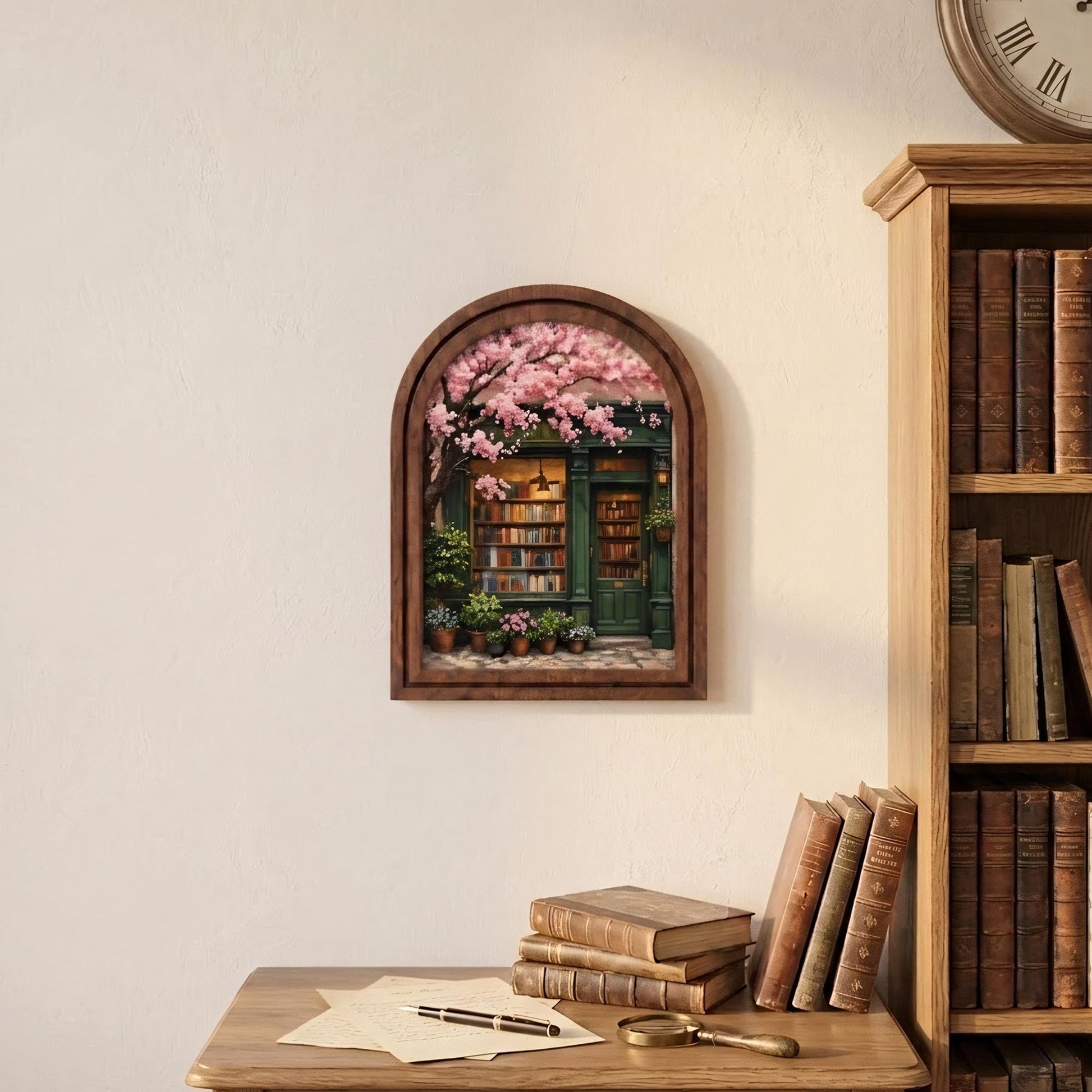 Charming Bookstore Under Cherry Blossoms Wall Art, Cozy Literary Shop Painting in Arched Wood Frame, Book Lover Decor, Reader Gift - Image 6