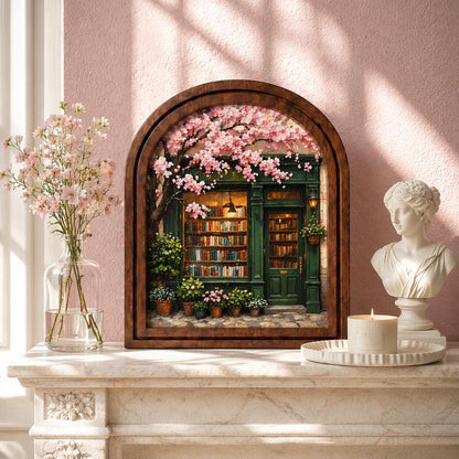 Charming Bookstore Under Cherry Blossoms Wall Art, Cozy Literary Shop Painting in Arched Wood Frame, Book Lover Decor, Reader Gift - Image 1