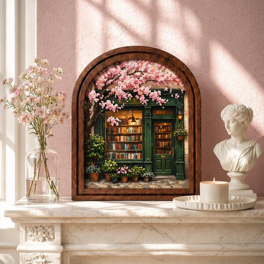 Charming Bookstore Under Cherry Blossoms Wall Art, Cozy Literary Shop Painting in Arched Wood Frame, Book Lover Decor, Reader Gift - Image 1