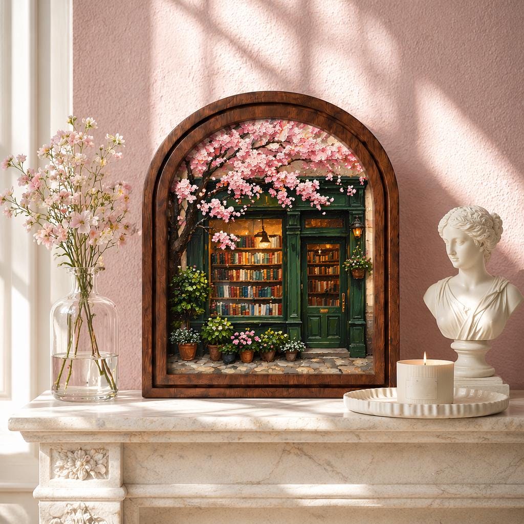 Charming Bookstore Under Cherry Blossoms Wall Art, Cozy Literary Shop Painting in Arched Wood Frame, Book Lover Decor, Reader Gift - Image 2