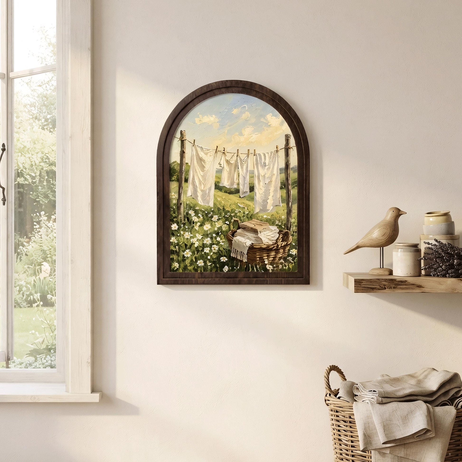 Rustic Laundry Room Wall Art in Arched Wood Frame, Cottage Clothesline Landscape Painting, Farmhouse Decor, Vintage Country Home Gift - Image 7