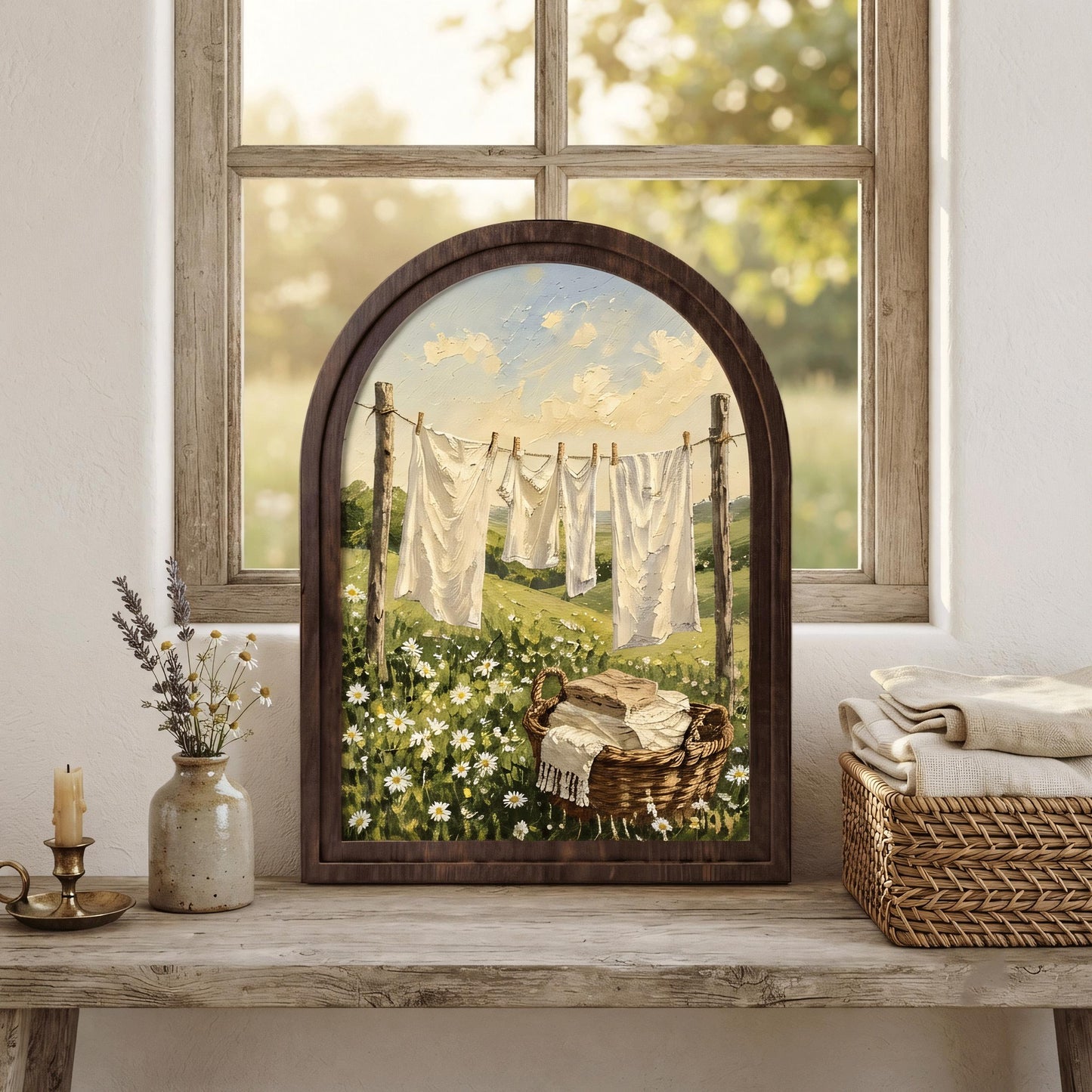 Rustic Laundry Room Wall Art in Arched Wood Frame, Cottage Clothesline Landscape Painting, Farmhouse Decor, Vintage Country Home Gift - Image 3
