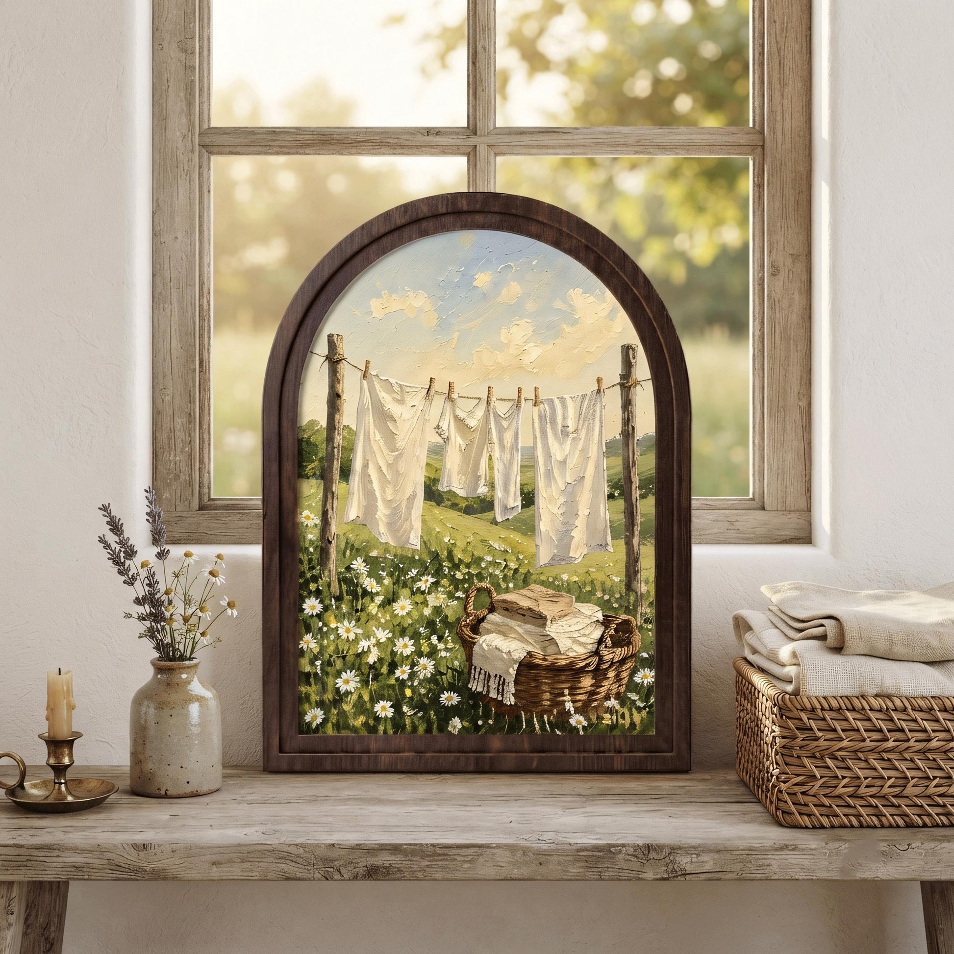 Rustic Laundry Room Wall Art in Arched Wood Frame, Cottage Clothesline Landscape Painting, Farmhouse Decor, Vintage Country Home Gift - Image 3