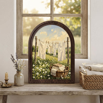 Rustic Laundry Room Wall Art in Arched Wood Frame, Cottage Clothesline Landscape Painting, Farmhouse Decor, Vintage Country Home Gift - Image 3