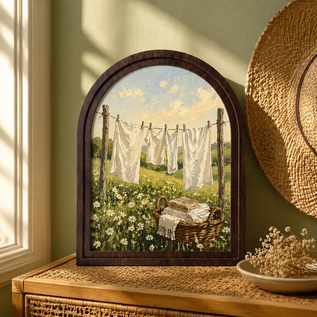 Rustic Laundry Room Wall Art in Arched Wood Frame, Cottage Clothesline Landscape Painting, Farmhouse Decor, Vintage Country Home Gift - Image 5
