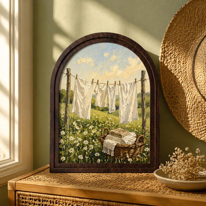 Rustic Laundry Room Wall Art in Arched Wood Frame, Cottage Clothesline Landscape Painting, Farmhouse Decor, Vintage Country Home Gift - Image 5