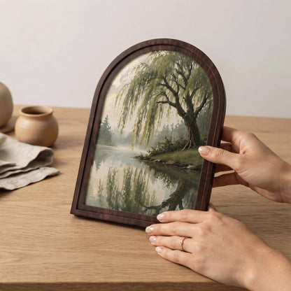 Serene Willow Tree Wall Art, Tranquil Lake Landscape Painting, Arched Wood Frame, Rustic Nature Decor, Peaceful Woodland Gift - Image 2