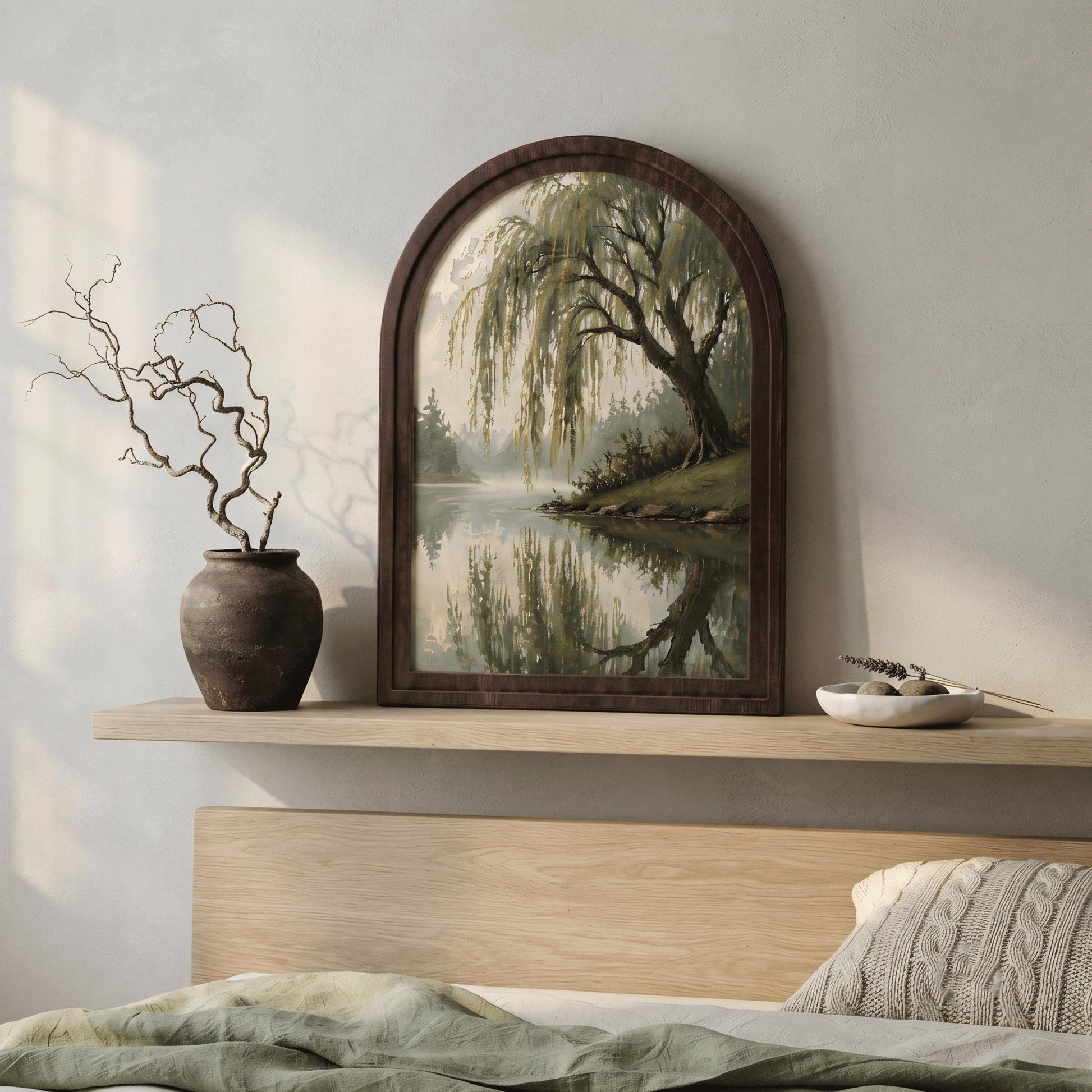 Serene Willow Tree Wall Art, Tranquil Lake Landscape Painting, Arched Wood Frame, Rustic Nature Decor, Peaceful Woodland Gift - Image 3