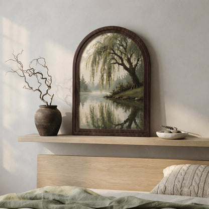Serene Willow Tree Wall Art, Tranquil Lake Landscape Painting, Arched Wood Frame, Rustic Nature Decor, Peaceful Woodland Gift - Image 3