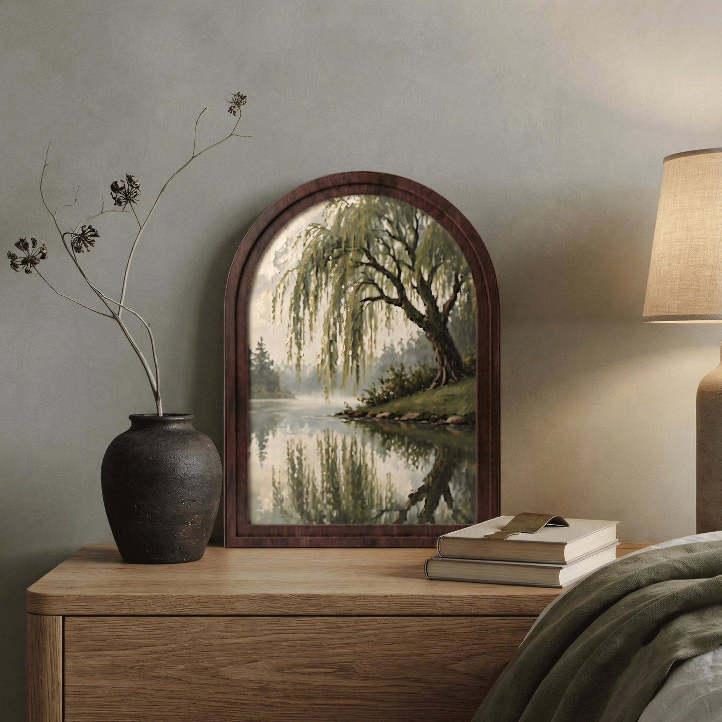 Serene Willow Tree Wall Art, Tranquil Lake Landscape Painting, Arched Wood Frame, Rustic Nature Decor, Peaceful Woodland Gift - Image 4