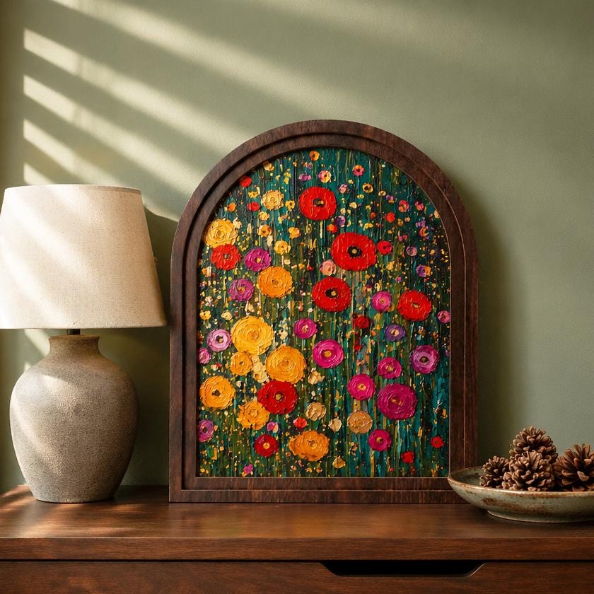 Vibrant Wildflower Meadow Wall Art, Arched Wood Frame, Floral Abstract Painting, Garden Decor, Cottagecore Home Accent, Flower Lover Gift - Image 2