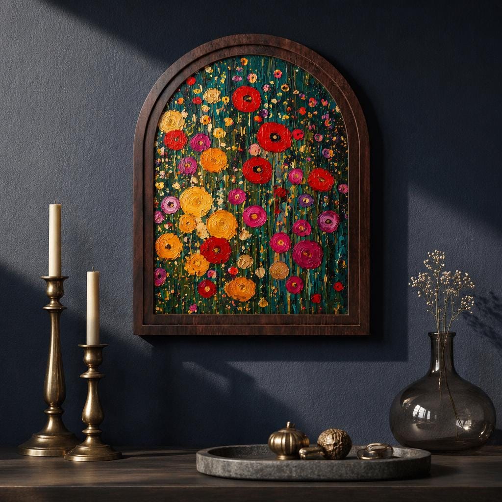 Vibrant Wildflower Meadow Wall Art, Arched Wood Frame, Floral Abstract Painting, Garden Decor, Cottagecore Home Accent, Flower Lover Gift - Image 5