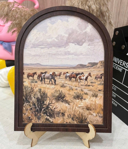 Mustang Herd Wall Art, Wild Horses Western Painting, Arched Wood Frame, Rustic Farmhouse Decor - Image 1