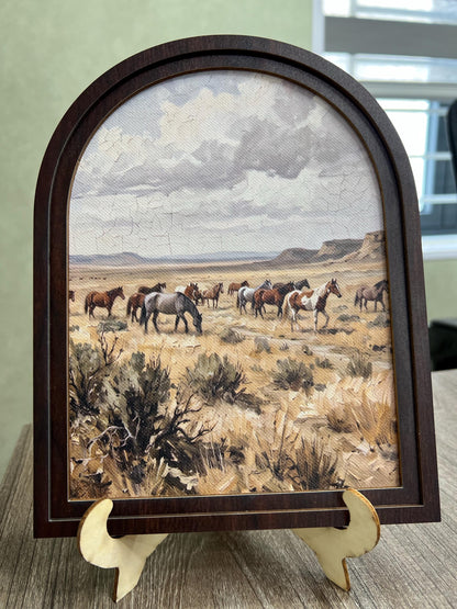 Mustang Herd Wall Art, Wild Horses Western Painting, Arched Wood Frame, Rustic Farmhouse Decor - Image 5