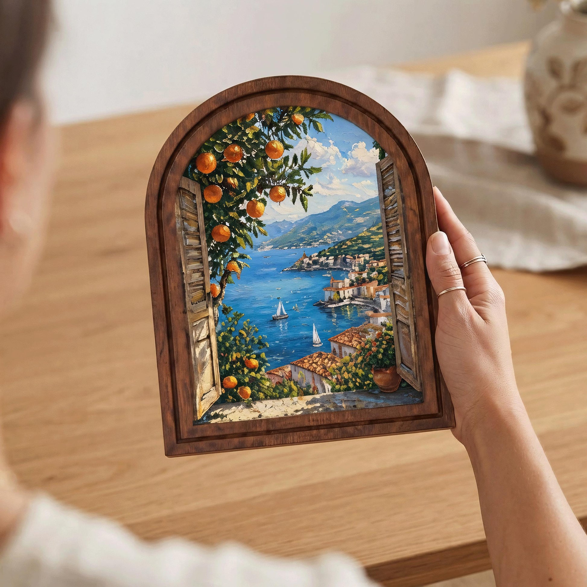 Mediterranean Coastal View Wall Art, Sunlit Seaside Village and Orange Tree, Arched Wood Frame, Italian Riviera Decor, Travel Lover Gift - Image 3