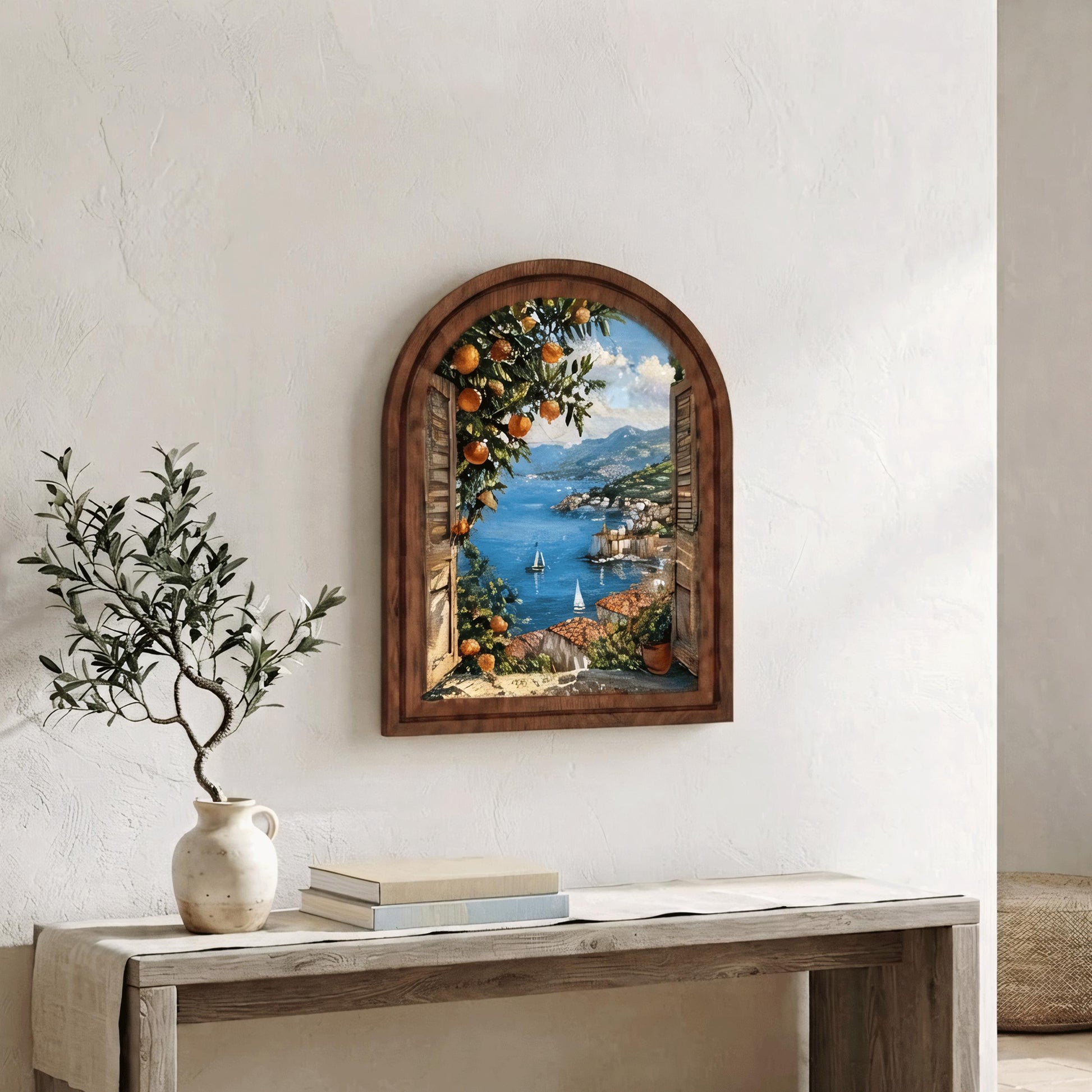 Mediterranean Coastal View Wall Art, Sunlit Seaside Village and Orange Tree, Arched Wood Frame, Italian Riviera Decor, Travel Lover Gift - Image 6