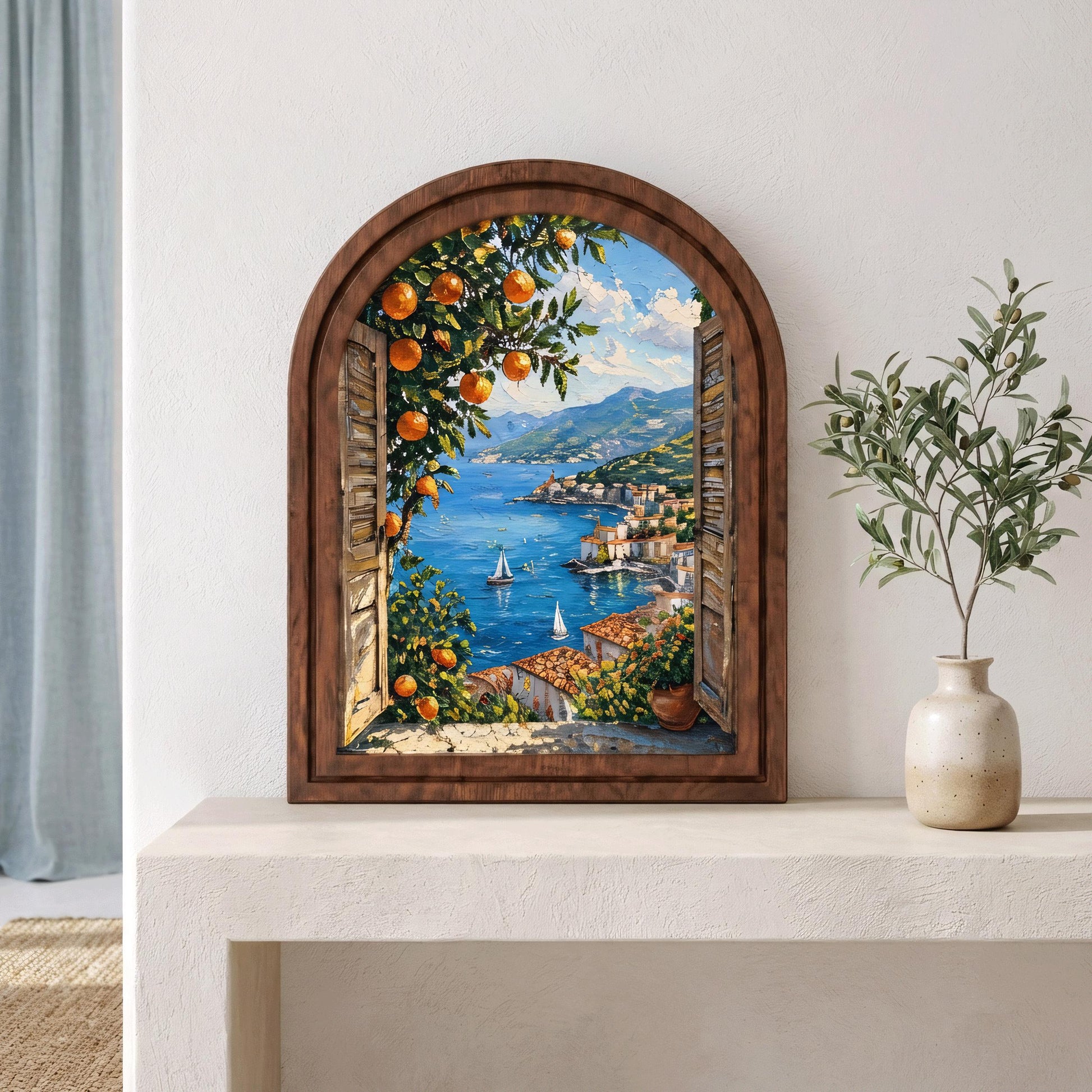 Mediterranean Coastal View Wall Art, Sunlit Seaside Village and Orange Tree, Arched Wood Frame, Italian Riviera Decor, Travel Lover Gift - Image 5