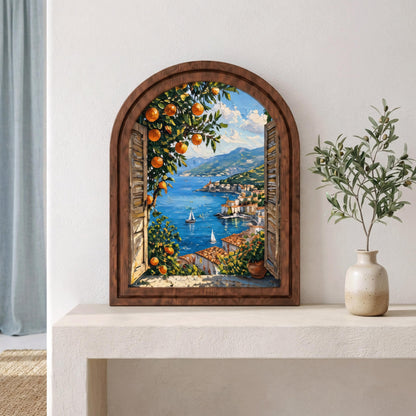 Mediterranean Coastal View Wall Art, Sunlit Seaside Village and Orange Tree, Arched Wood Frame, Italian Riviera Decor, Travel Lover Gift - Image 5