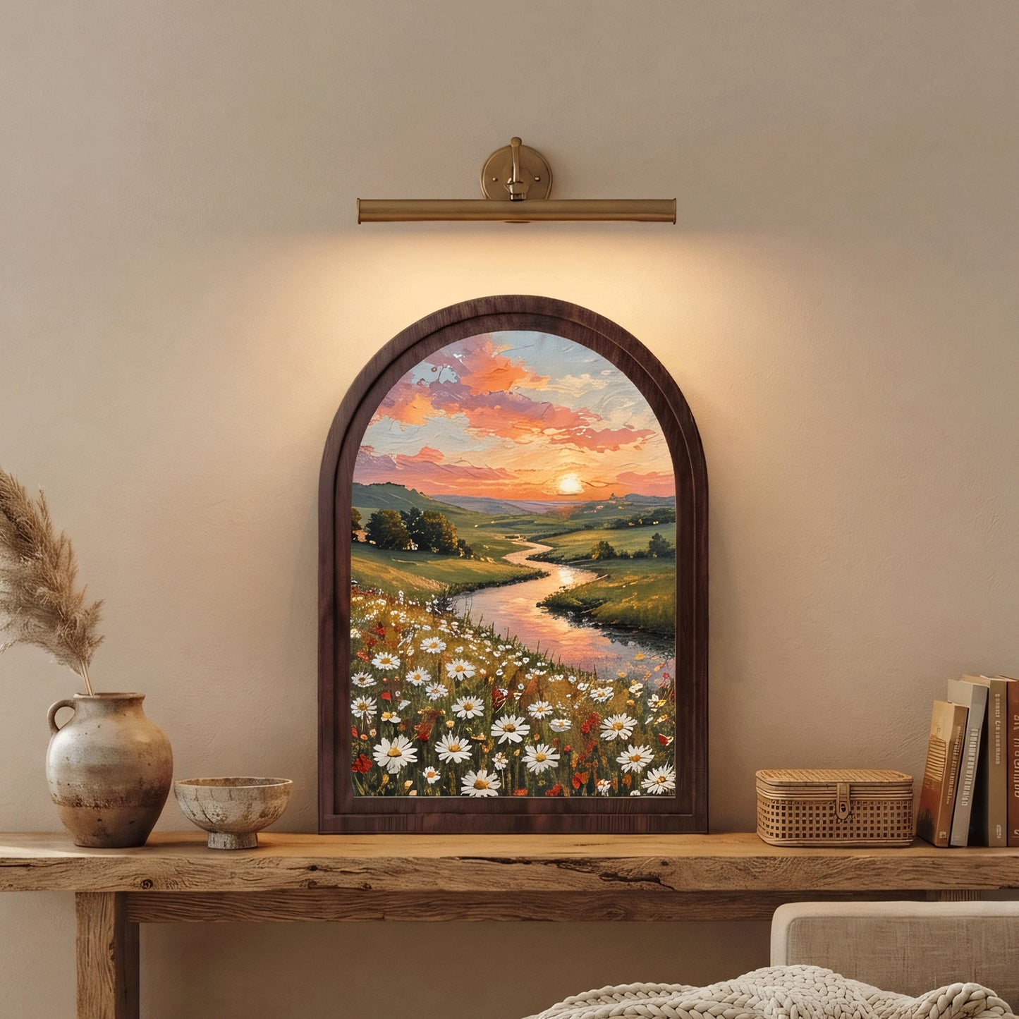 Serene Wildflower Meadow Wall Art in Arched Wood Frame, Sunset River Landscape Painting, Cottagecore Nature Decor, Farmhouse Wall Gift - Image 5