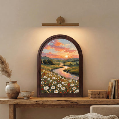 Serene Wildflower Meadow Wall Art in Arched Wood Frame, Sunset River Landscape Painting, Cottagecore Nature Decor, Farmhouse Wall Gift - Image 5