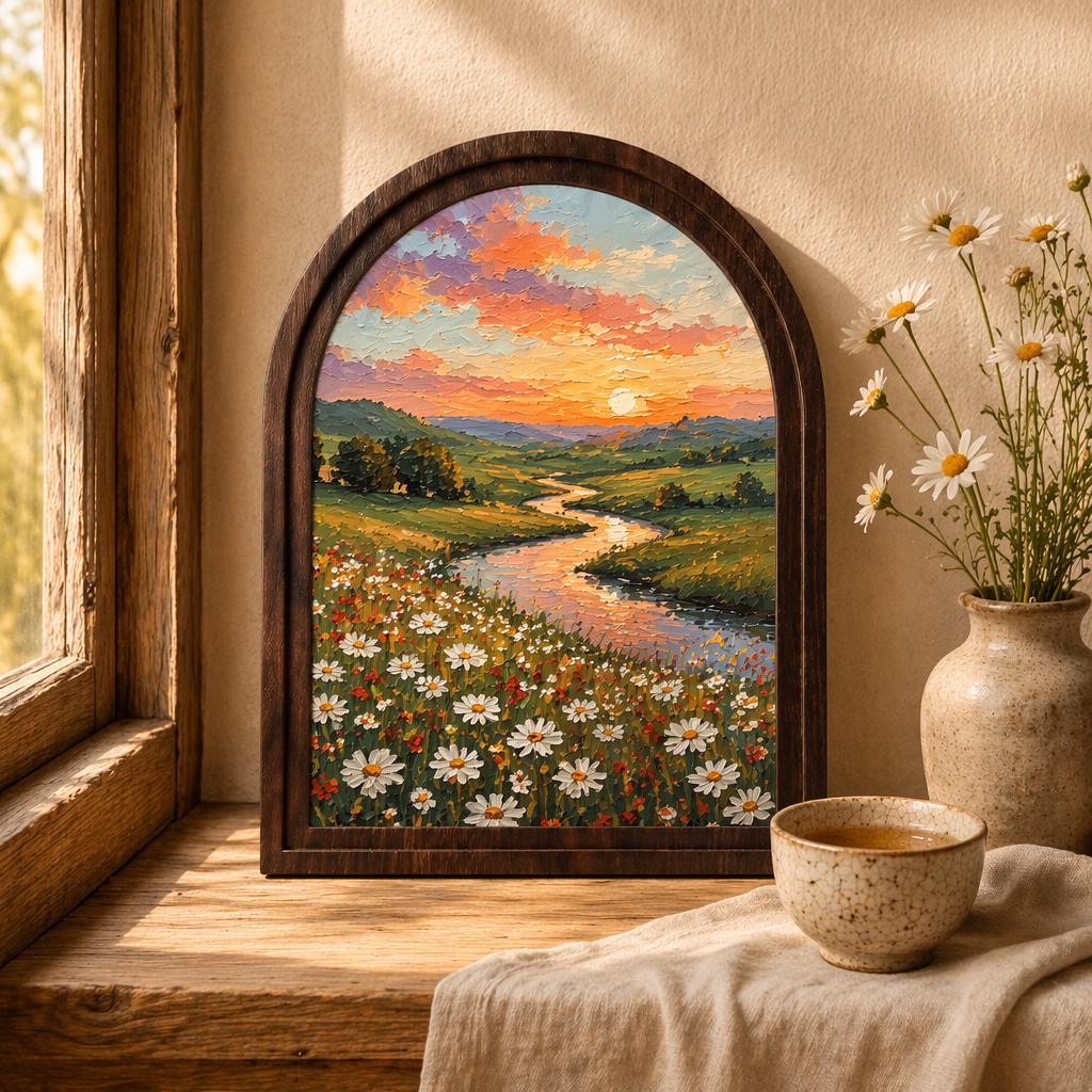 Serene Wildflower Meadow Wall Art in Arched Wood Frame, Sunset River Landscape Painting, Cottagecore Nature Decor, Farmhouse Wall Gift - Image 1