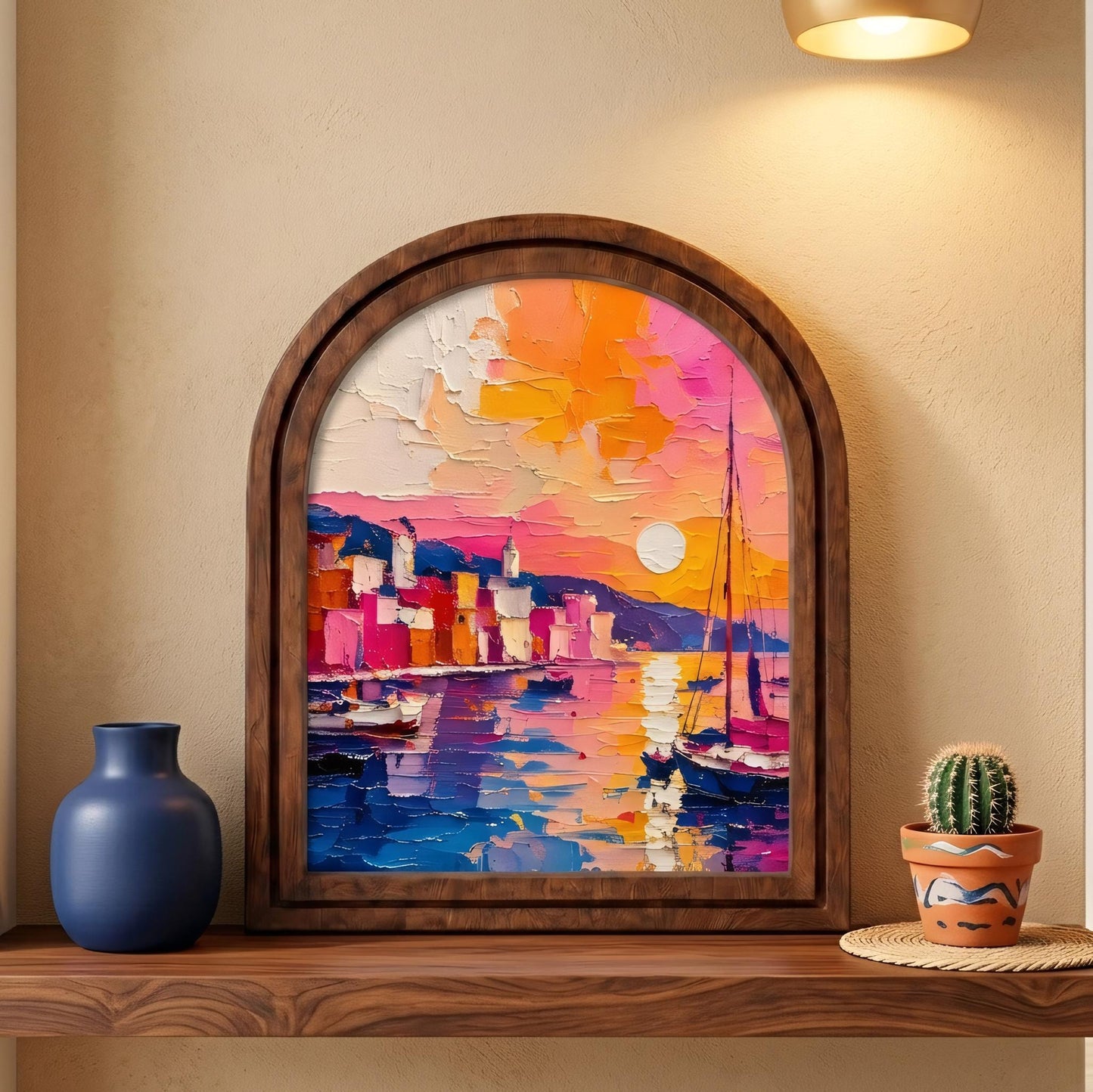 Vibrant Coastal Harbor Wall Art, Colorful Mediterranean Sunset Wood Frame, Arched Picture Frame, Beach House Gift, Housewarming Decor - Image 5