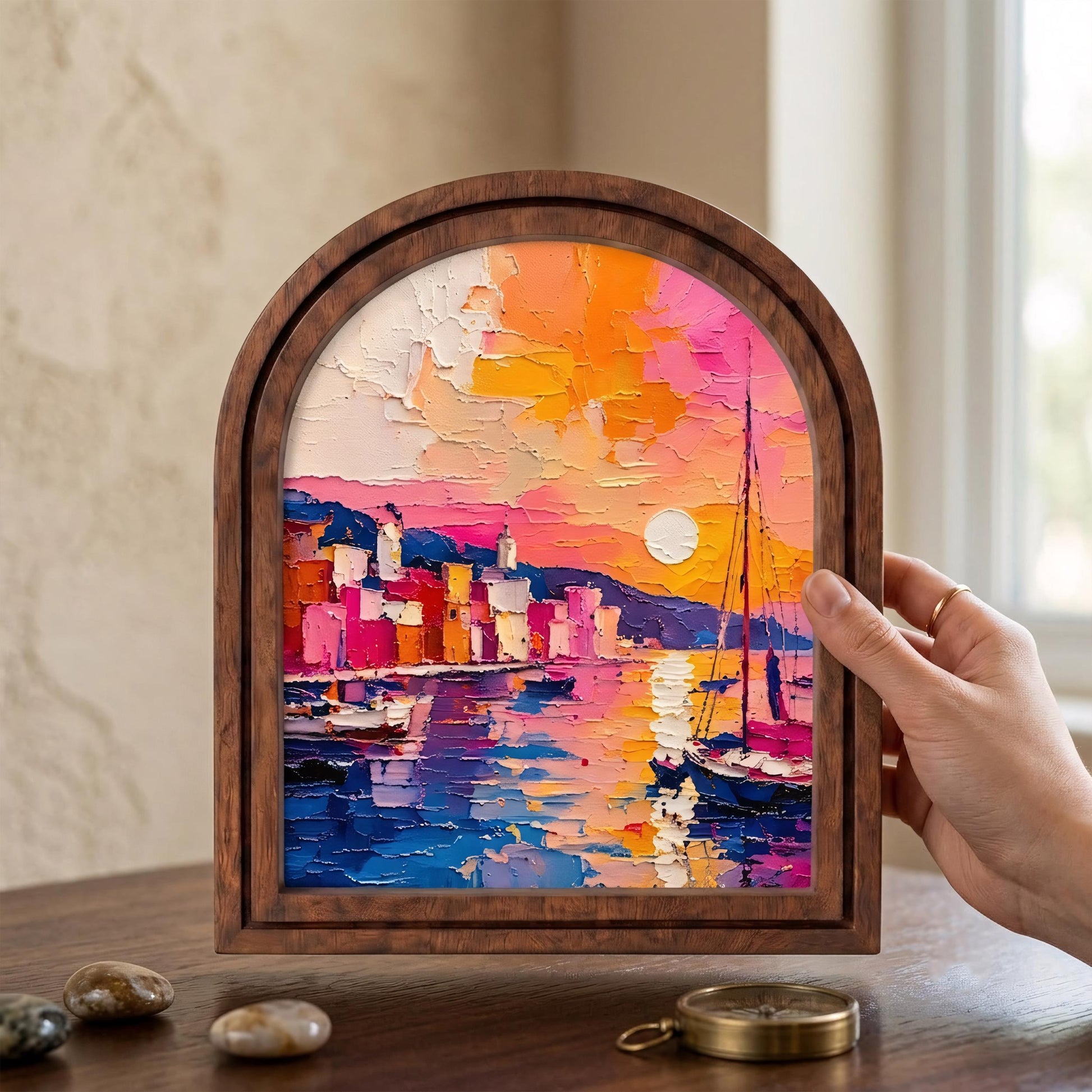 Vibrant Coastal Harbor Wall Art, Colorful Mediterranean Sunset Wood Frame, Arched Picture Frame, Beach House Gift, Housewarming Decor - Image 2