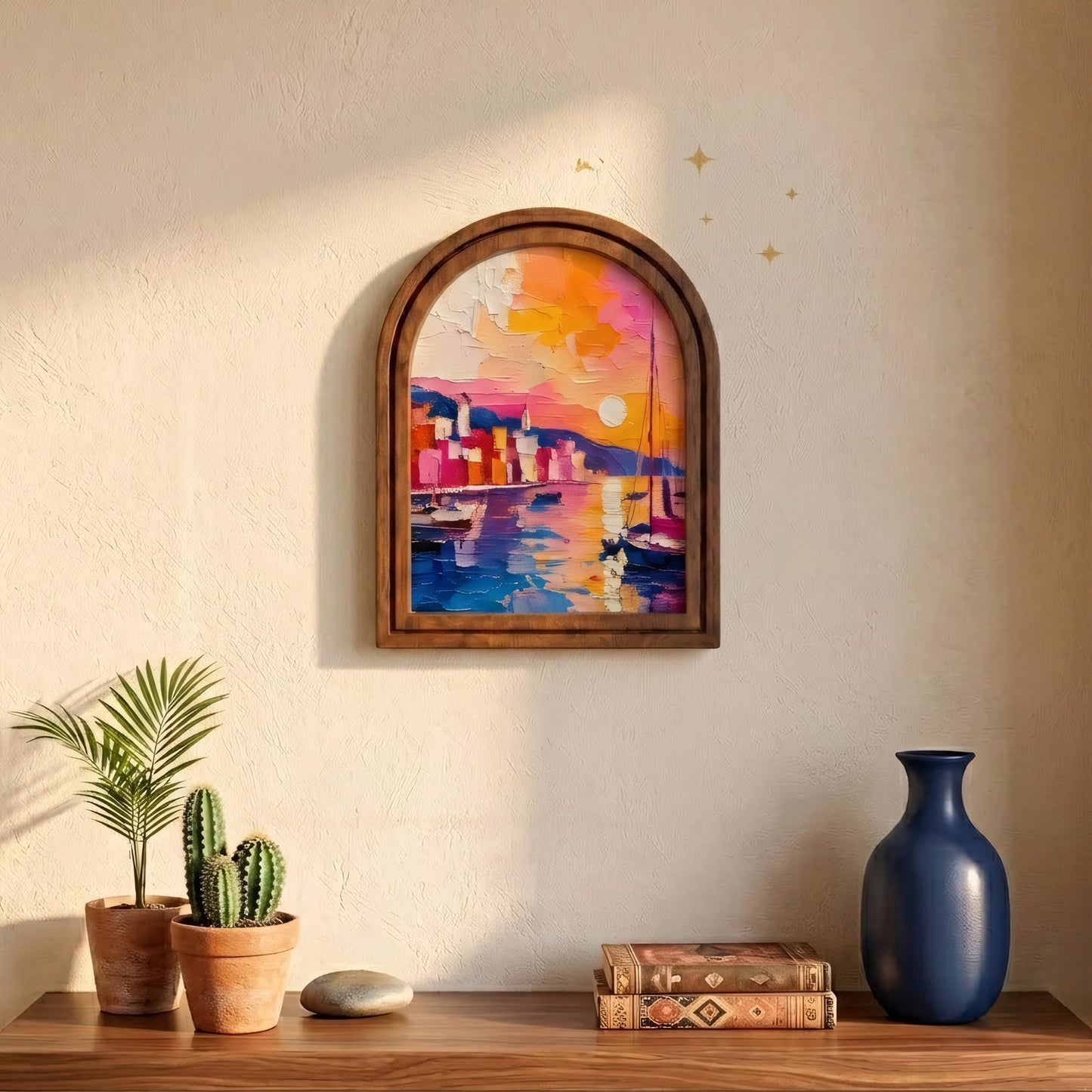 Vibrant Coastal Harbor Wall Art, Colorful Mediterranean Sunset Wood Frame, Arched Picture Frame, Beach House Gift, Housewarming Decor - Image 4