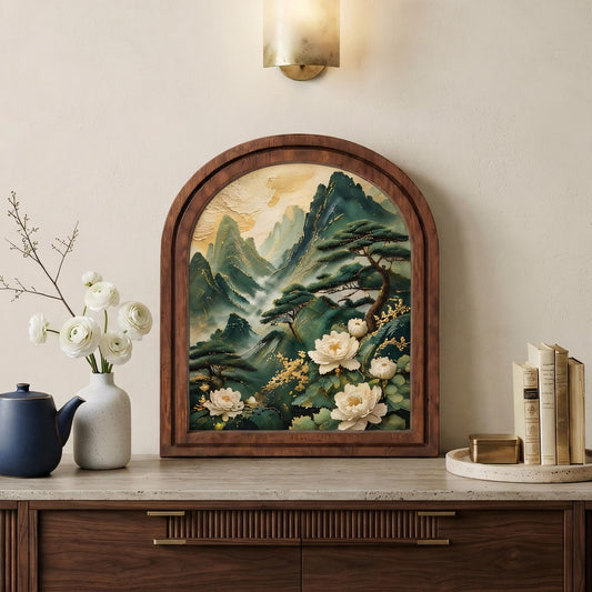 Majestic Mountain Peony Wall Art, Elegant Asian Landscape Painting in Arched Wood Frame, Nature Inspired Home Decor, Floral Lover Gift - Image 2