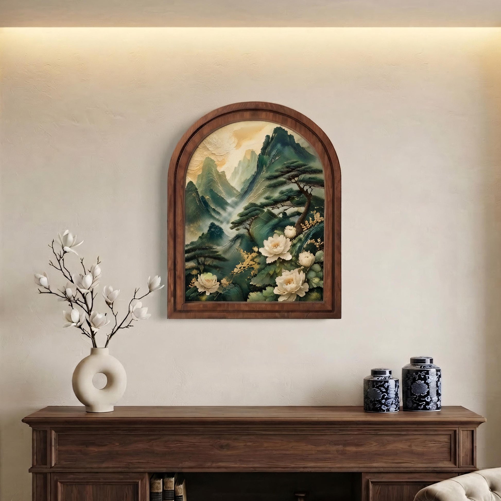 Majestic Mountain Peony Wall Art, Elegant Asian Landscape Painting in Arched Wood Frame, Nature Inspired Home Decor, Floral Lover Gift - Image 4