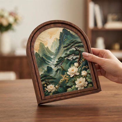 Majestic Mountain Peony Wall Art, Elegant Asian Landscape Painting in Arched Wood Frame, Nature Inspired Home Decor, Floral Lover Gift - Image 3