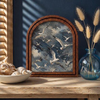 Soaring Seagull Wall Art, Coastal Bird Flock Painting in Arched Wood Frame, Dramatic Ocean Sky Decor, Nautical Home Accent - Image 3