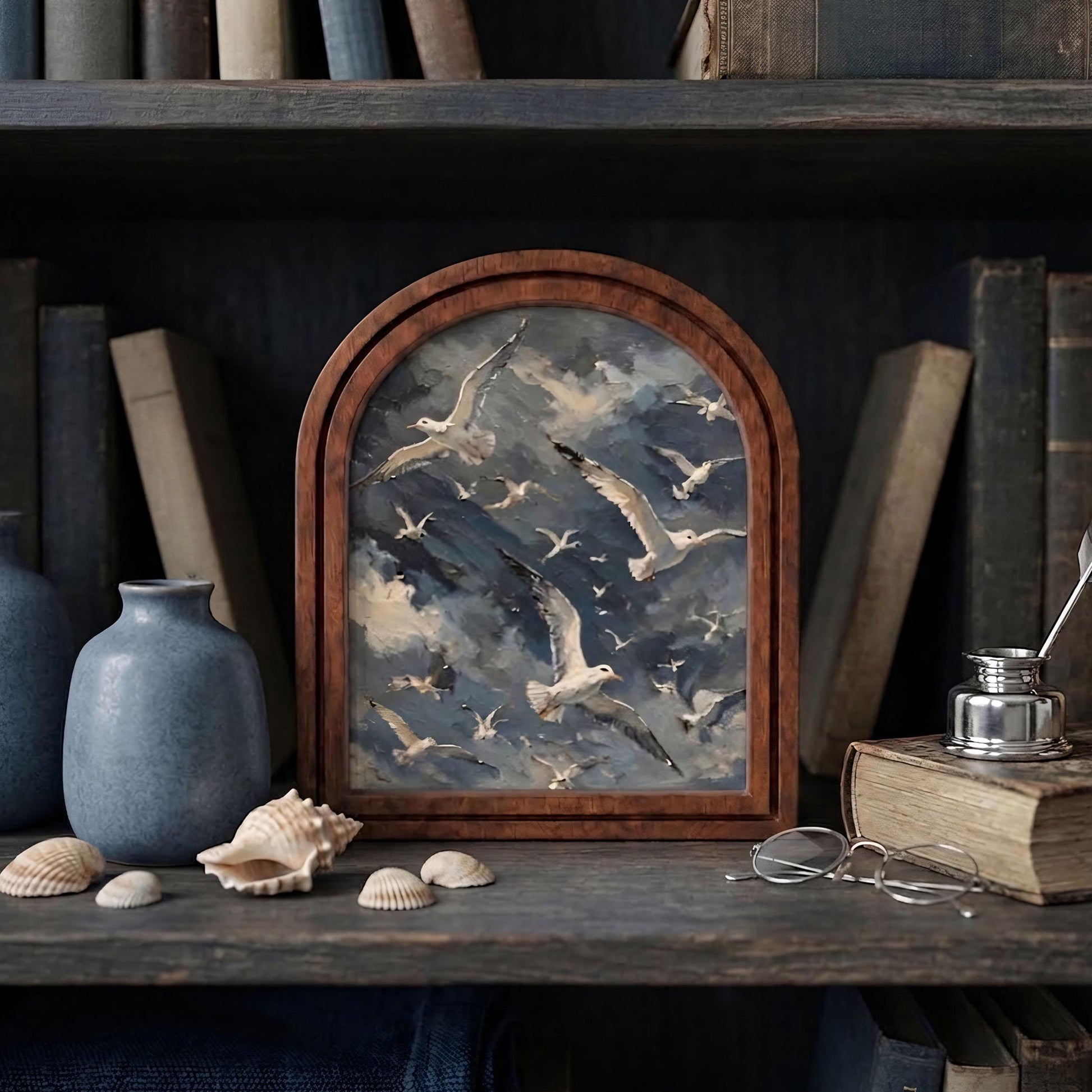 Soaring Seagull Wall Art, Coastal Bird Flock Painting in Arched Wood Frame, Dramatic Ocean Sky Decor, Nautical Home Accent - Image 6
