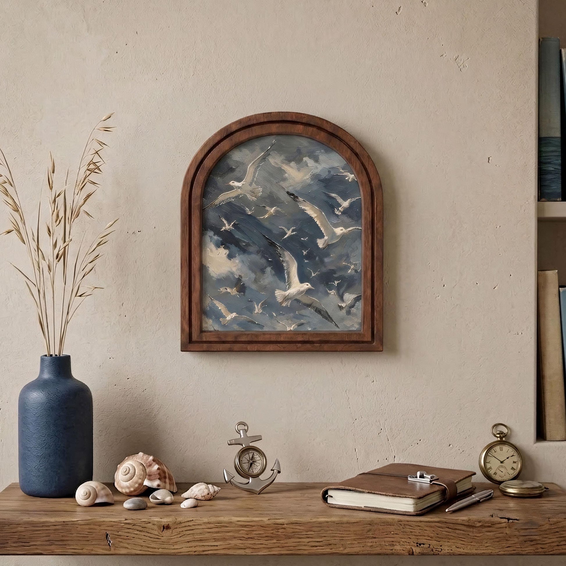 Soaring Seagull Wall Art, Coastal Bird Flock Painting in Arched Wood Frame, Dramatic Ocean Sky Decor, Nautical Home Accent - Image 5
