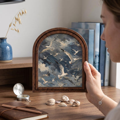 Soaring Seagull Wall Art, Coastal Bird Flock Painting in Arched Wood Frame, Dramatic Ocean Sky Decor, Nautical Home Accent - Image 4