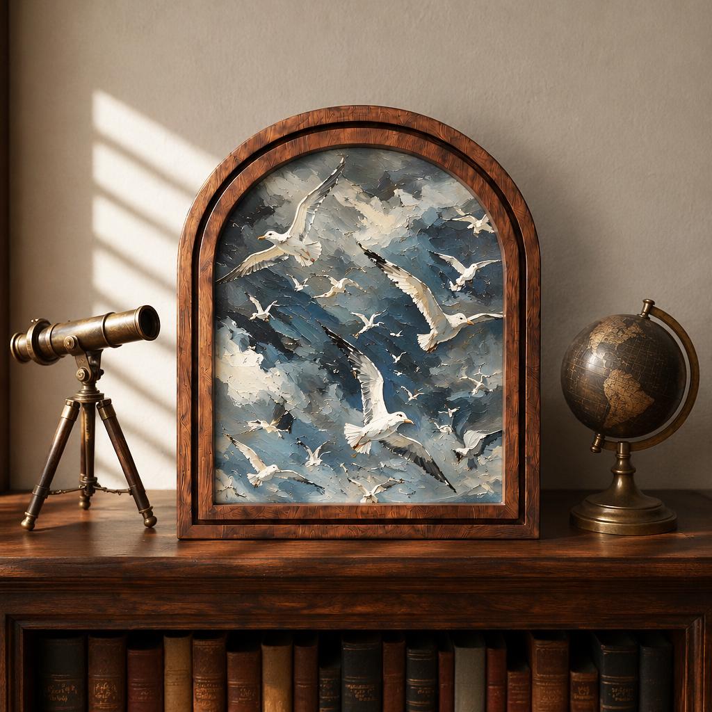 Soaring Seagull Wall Art, Coastal Bird Flock Painting in Arched Wood Frame, Dramatic Ocean Sky Decor, Nautical Home Accent - Image 2