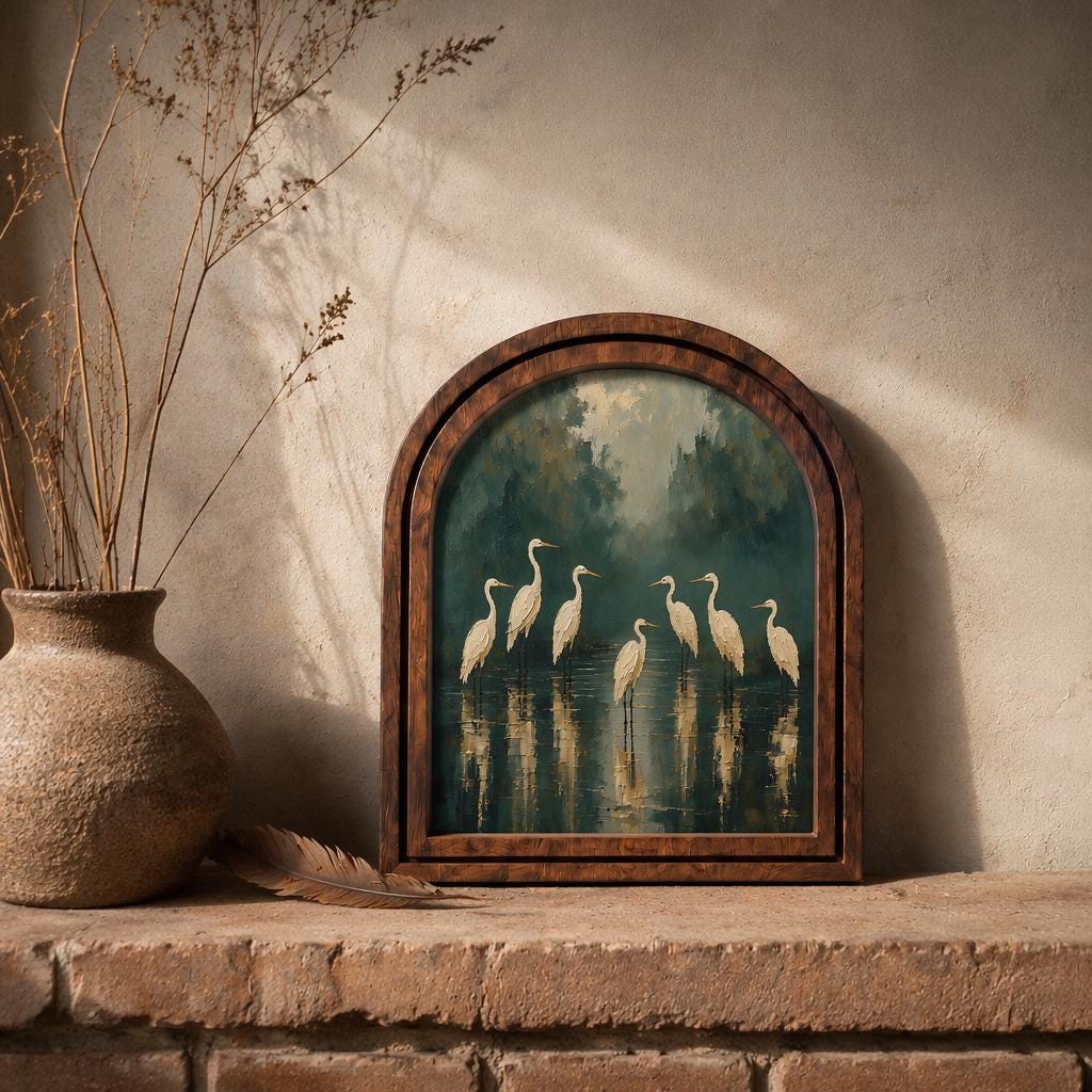 Elegant White Heron Wall Art, Serene Wetland Bird Painting in Arched Wood Frame, Nature-Inspired Coastal Decor, Tranquil Home Accent - Image 4