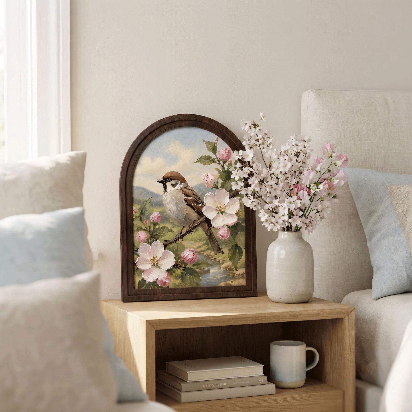 Charming Sparrow Wall Art in Arched Wood Frame, Cherry Blossom Bird Painting, Cottagecore Botanical Decor, Rustic Wall Art, Bird Lover Gift - Image 4