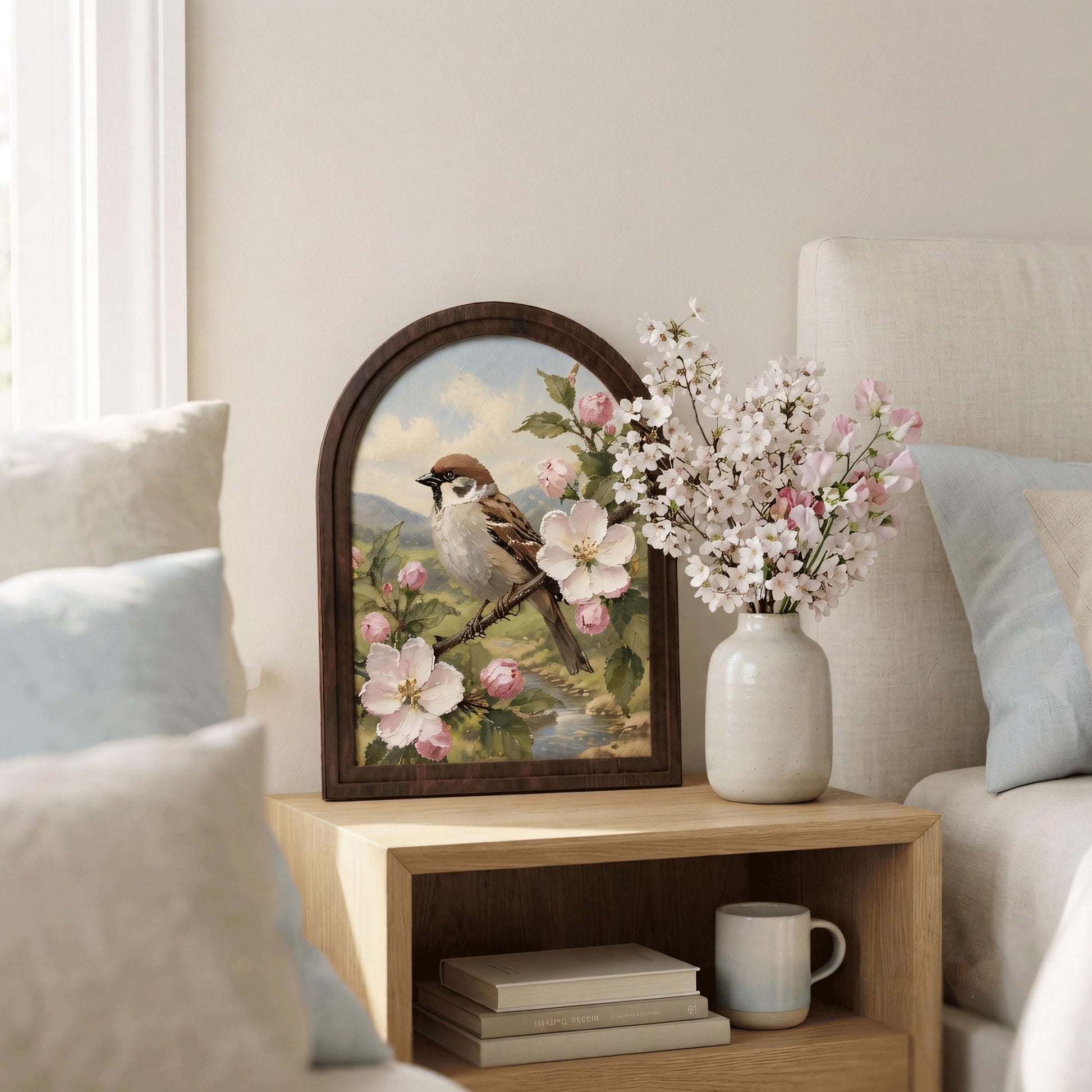 Charming Sparrow Wall Art in Arched Wood Frame, Cherry Blossom Bird Painting, Cottagecore Botanical Decor, Rustic Wall Art, Bird Lover Gift - Image 4