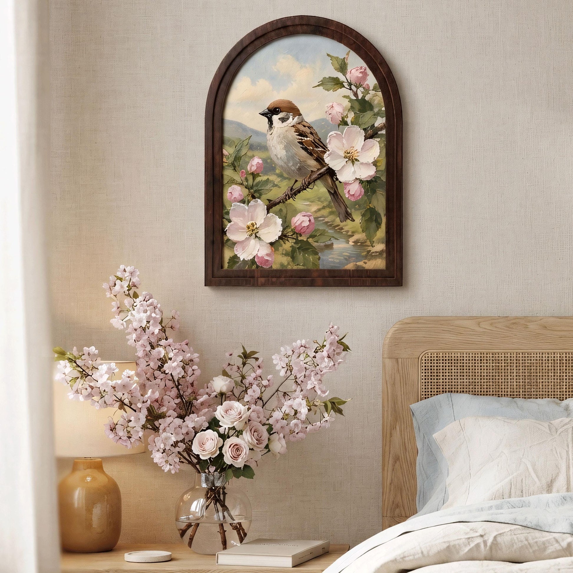 Charming Sparrow Wall Art in Arched Wood Frame, Cherry Blossom Bird Painting, Cottagecore Botanical Decor, Rustic Wall Art, Bird Lover Gift - Image 3