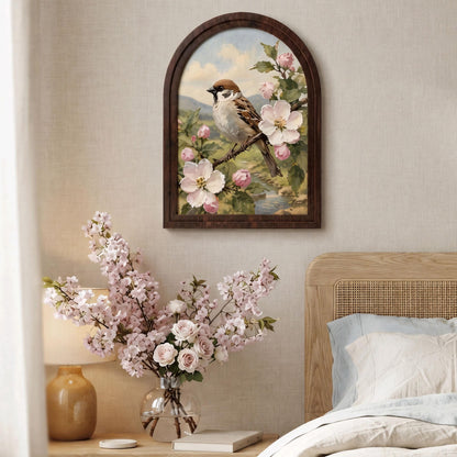 Charming Sparrow Wall Art in Arched Wood Frame, Cherry Blossom Bird Painting, Cottagecore Botanical Decor, Rustic Wall Art, Bird Lover Gift - Image 3