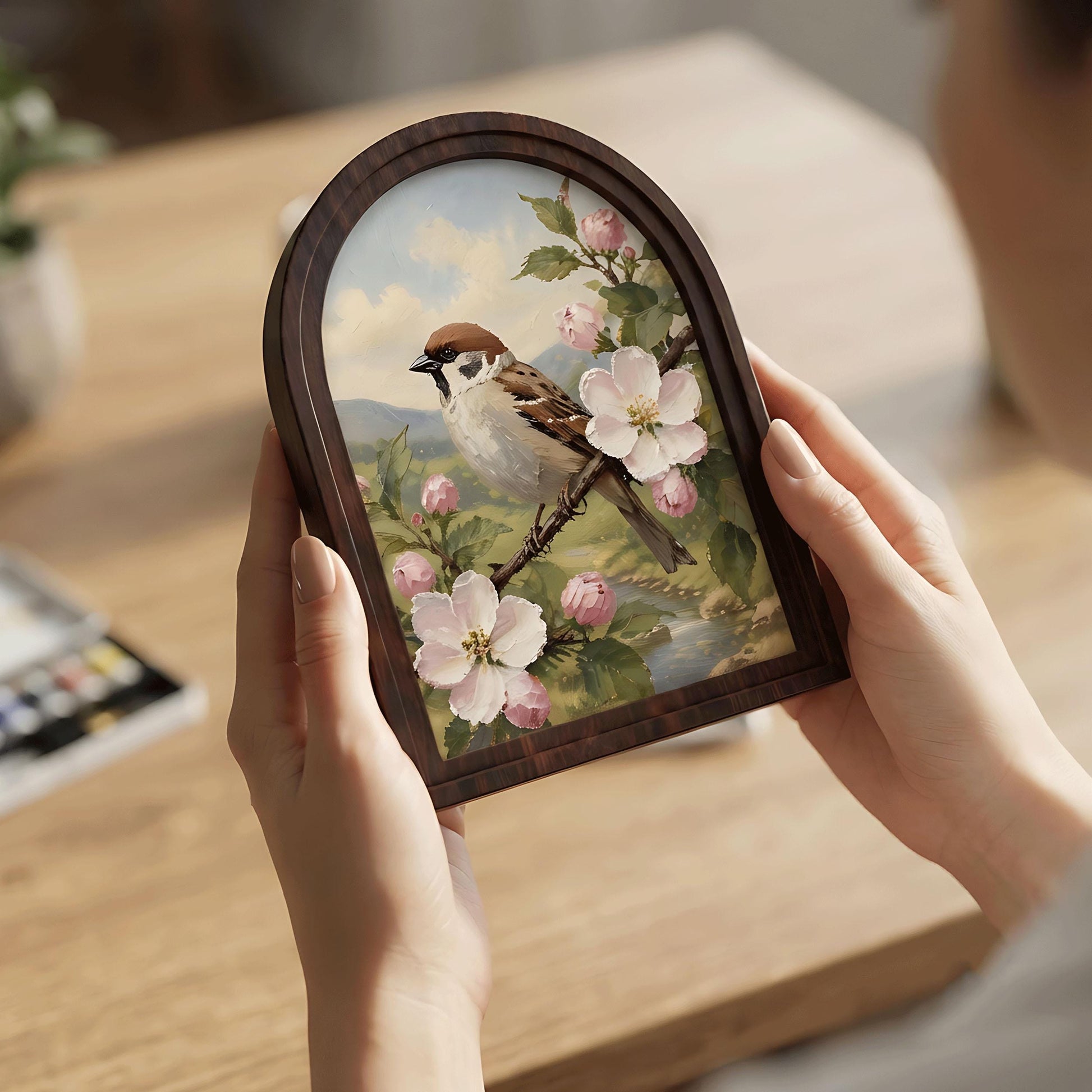 Charming Sparrow Wall Art in Arched Wood Frame, Cherry Blossom Bird Painting, Cottagecore Botanical Decor, Rustic Wall Art, Bird Lover Gift - Image 8