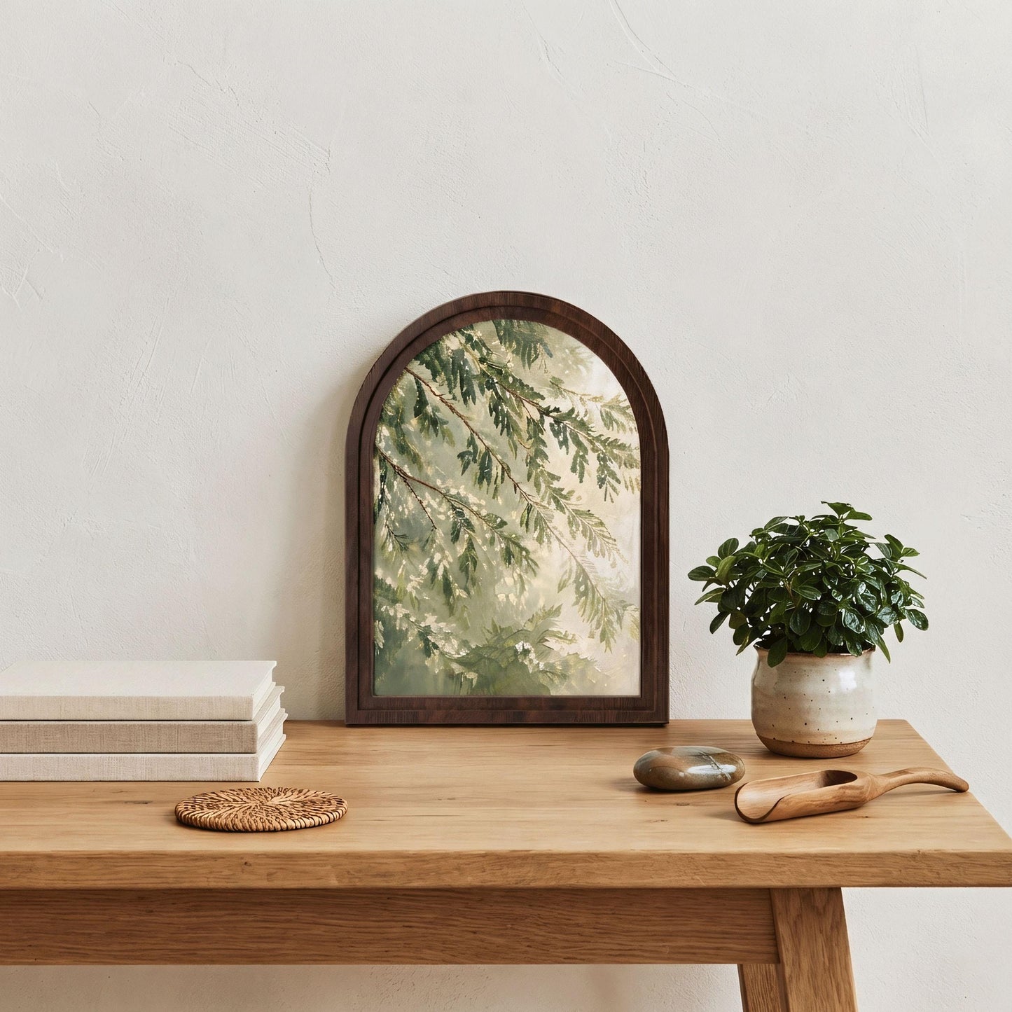 Serene Green Canopy Wall Art, Textured Botanical Tree Branch Painting, Arched Wood Frame, Nature Inspired Home Decor, Woodland Gift - Image 3